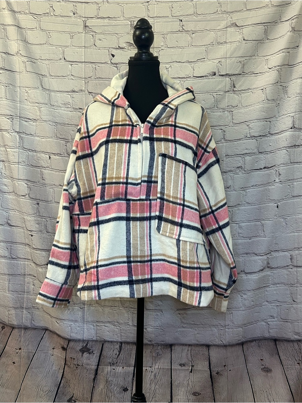 Ashley By 26 International Plaid Hooded Pullover Jacket in Ivory, Pink & Tan